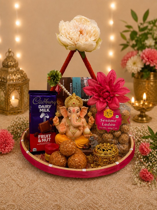 Festival gift basket with a Ganesh idol, sweets, and flowers