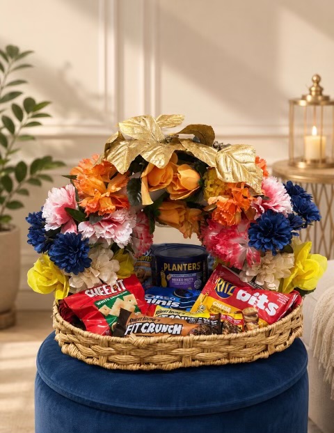 Woven gift basket with snacks and flowers