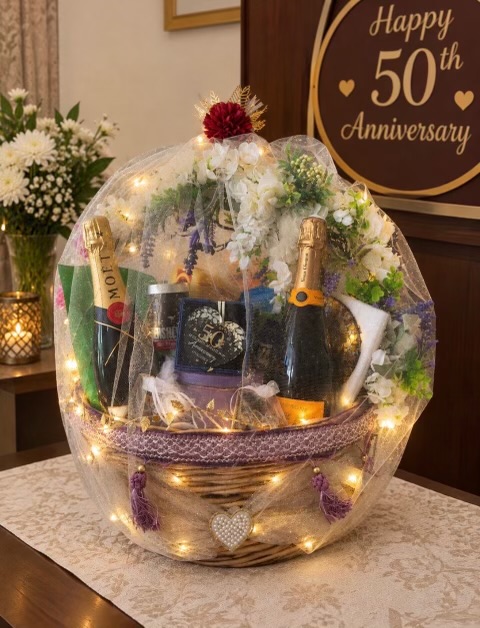 50th anniversary gift basket with champagne and flowers