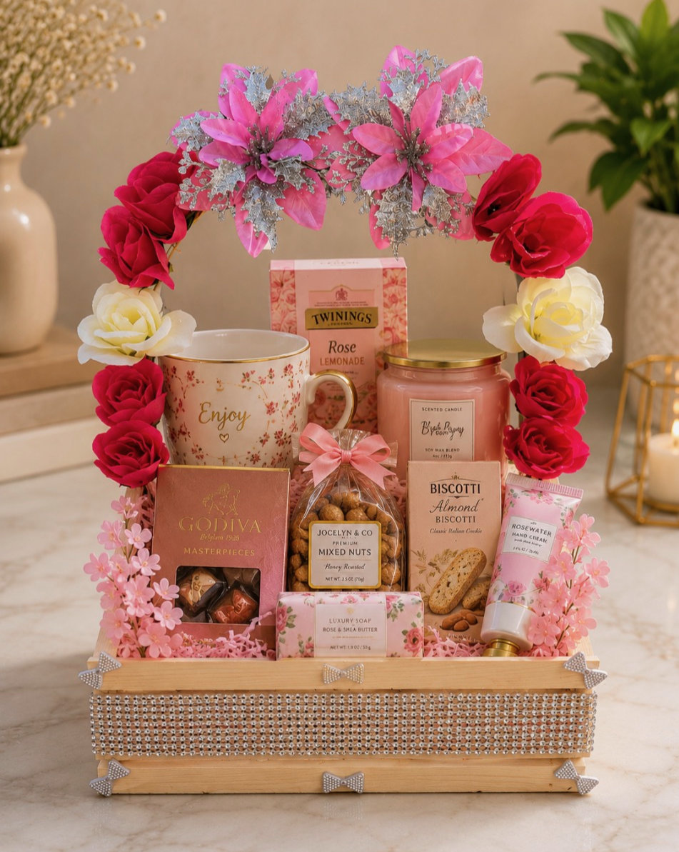 Floral gift crate filled with sweets, mug, and treats