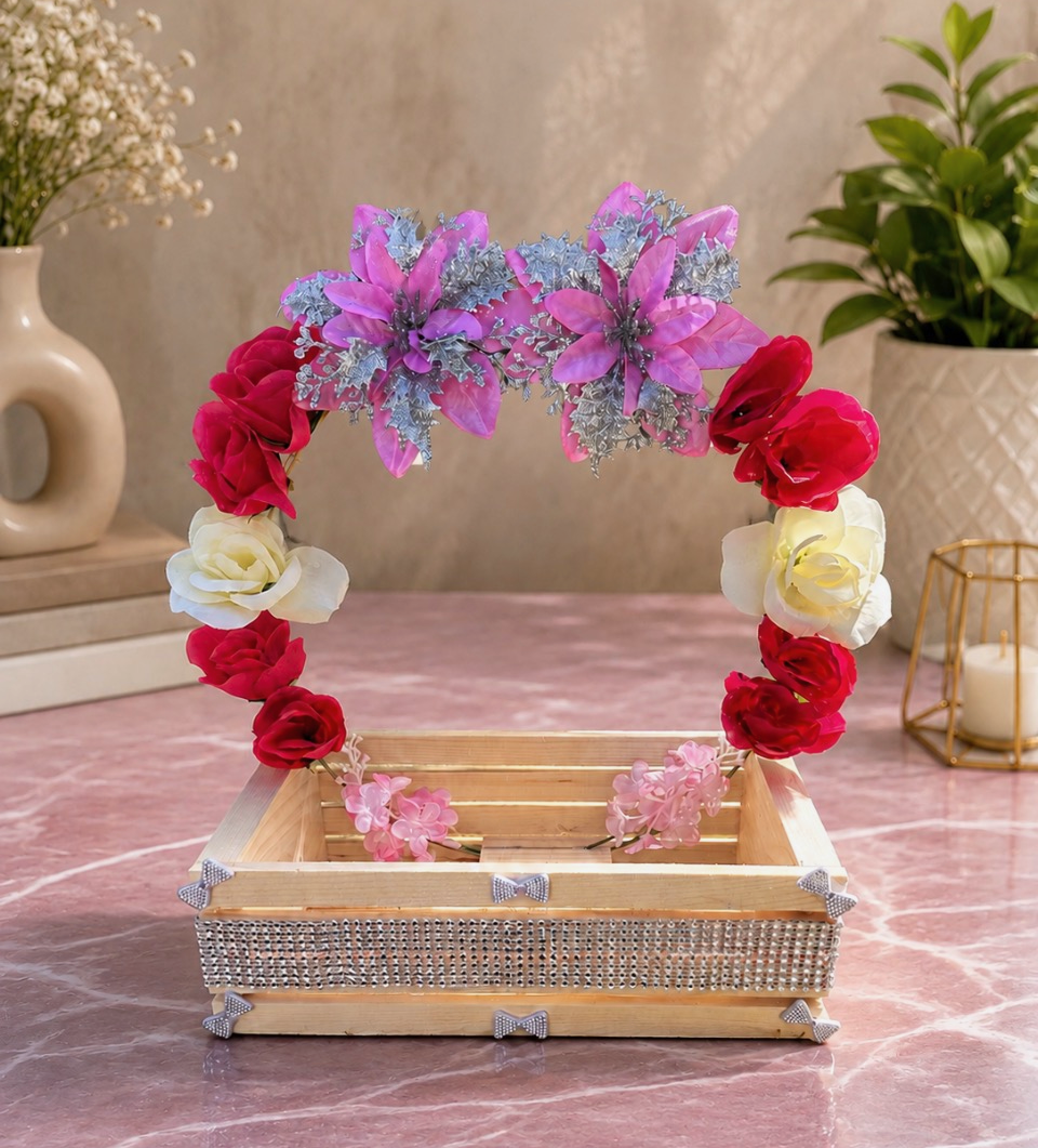Floral-decorated wooden gift crate