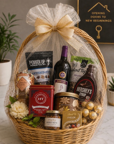 New beginnings gift basket with wine, tea, and treats